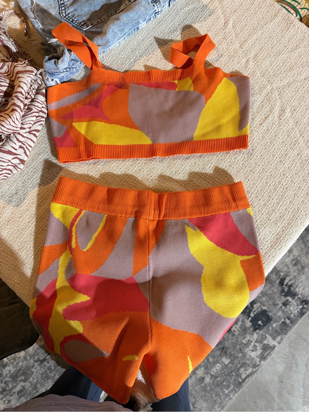 Amazon Orange Multicolor Knit Shorts - Bold Abstract Print